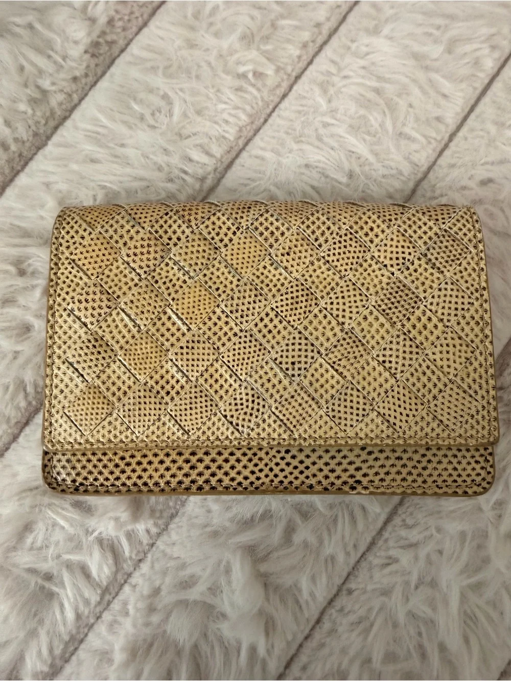 Bottega Veneta Lemon Washed Intrecciato Karung Leather Snap Fold Over Wallet